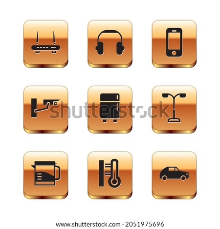 Set Router and wi-fi signal, Electric kettle, Meteorology thermometer, Refrigerator, Security camera, Smartphone, Car and Headphones icon. Vector