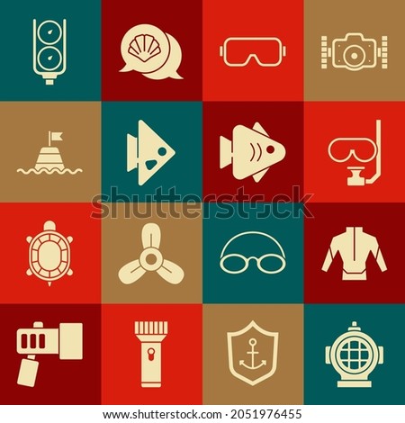 Set Aqualung, Wetsuit, Diving mask and snorkel, Fish, Floating buoy on the sea, Gauge scale and  icon. Vector