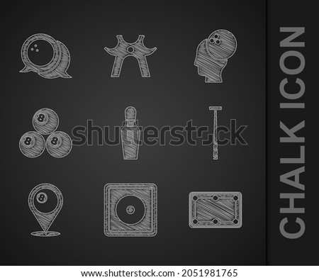 Set Bowling pin, Billiard chalk, table, cue, Location with billiard ball,  and  icon. Vector