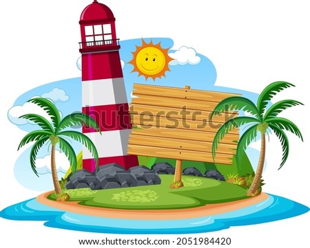 Blank banner template on the island with lighthouse isolated illustration