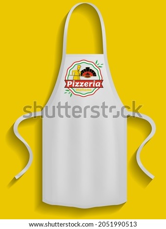 Aprons with pizzeria logos. Clothes for work in kitchen, protective element of clothing for cooking. Apron for cooking in kitchen and protection of clothes. Preparing pizza in restaurant
