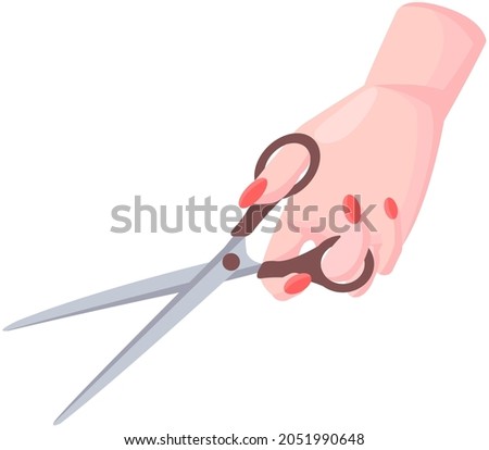 Scissors, tool made of blades and plastic handle isolated on white background. Equipment for creativity, cutting materials. Iron scissors in human hand. Sharp cutting tool, shears, clippers