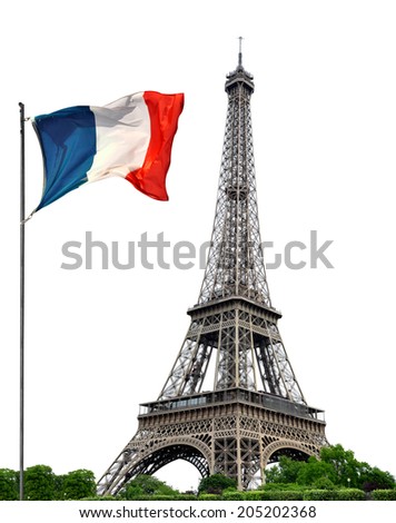  Eiffel Tower with French flag on white background