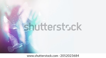 Kid praying and worship to GOD.Online sunday.Children pray to JESUS.Hand praying and raised hand to sky.Praise and worship with faith, spirituality and Surrender.Pentecostal day with fire and dove. Royalty-Free Stock Photo #2052023684