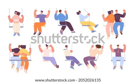 People on swing. Adults swinging, couple swings sitting. Romantic dating, isolated cartoon person in love. Flat dreaming utter vector characters Royalty-Free Stock Photo #2052026135