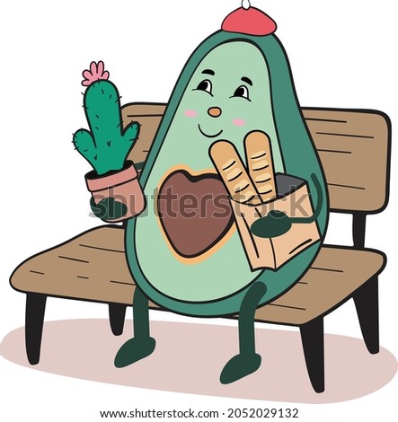 Cute Avocado in a red Beret and with French Baguettes in a Paper Bag, as well as a Cactus in his hand, Vector Clip Art Illustration