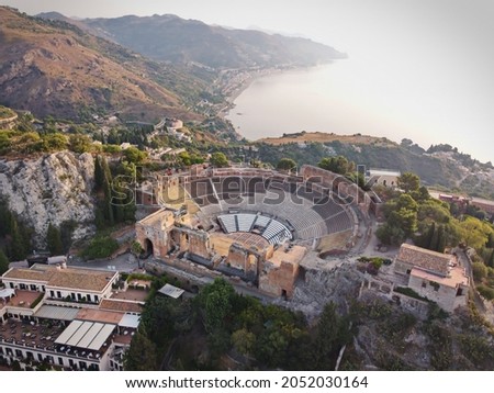 Aerial view of the ancient Greek theatre of Taormina, Sicily, Italy. Royalty-Free Stock Photo #2052030164
