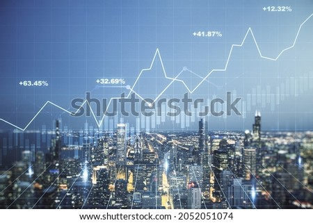 Double exposure of virtual creative financial diagram on Chicago office buildings background, banking and accounting concept Royalty-Free Stock Photo #2052051074