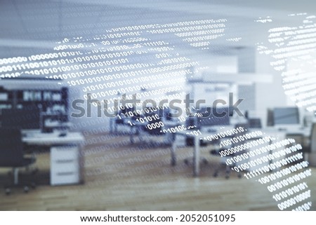 Double exposure of digital map of North America hologram on modern corporate office background, research and strategy concept