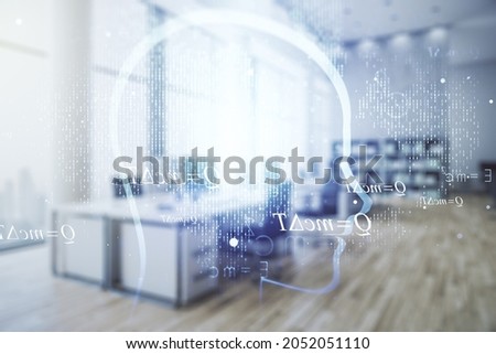 Double exposure of creative artificial Intelligence hologram on modern corporate office background. Neural networks and machine learning concept Royalty-Free Stock Photo #2052051110