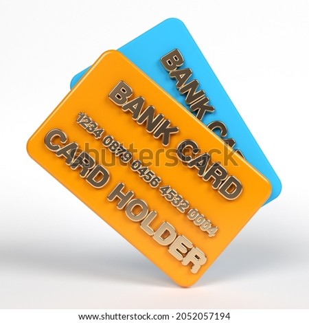 Orange and blue-colored credit cards. On white-colored background. Square composition with copy space. Isolated with clipping path. 3d render