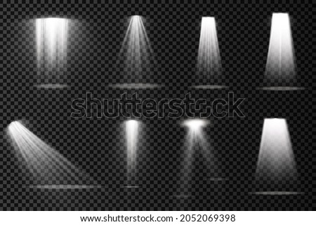 Collection of stage lighting spotlights, scene, stage lighting large collection, projector light effects, bright yellow lighting with spotlights, spot light isolated on transparent background, vector.