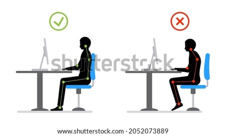 Ergonomic sit correct office chair computer good and wrong body position. Right wrong posture Royalty-Free Stock Photo #2052073889