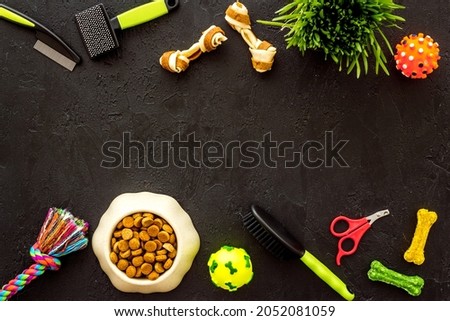 Dog food and toys with grooming tools, top view