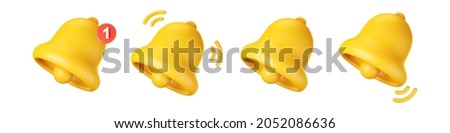 3d notification bell icon set isolated on white background. 3d render yellow ringing bell with new notification for social media reminder. Realistic vector icon Royalty-Free Stock Photo #2052086636
