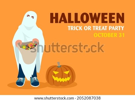 Kid holding candy bag, Happy Halloween party invitation, vector cartoon illustration