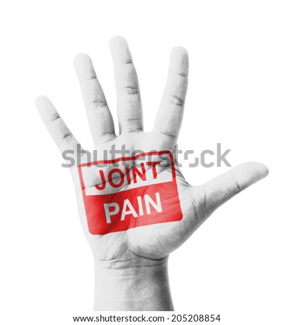 Open hand raised, Joint Pain sign painted, multi purpose concept - isolated on white background