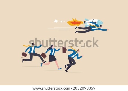 Competitive advantage to win business competition, innovation or creativity for winning strategy and success concept, smart businessman with rocket booster lead the way to win business competition. Royalty-Free Stock Photo #2052093059