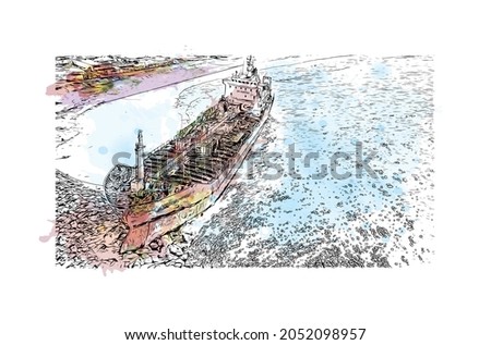 Building view with landmark of Lagos is the 
city in Nigeria. Watercolor splash with hand drawn sketch illustration in vector. 