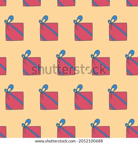 Gift box tied with ribbon, red blue yellow, hand drawing seamless pattern vector illustration
