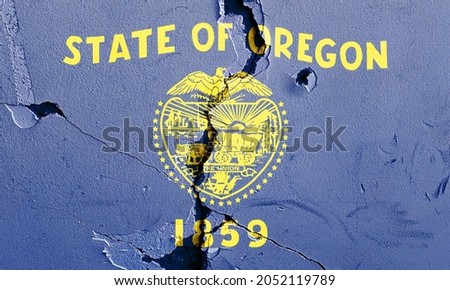 Oregon State Flag icon grunge pattern painted on old weathered broken wall background, abstract US State Oregon politics economy election society history issues concept texture wallpaper
