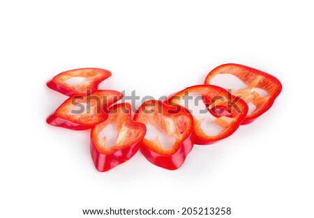 close up of red slices of pepper. isolated on a white background.