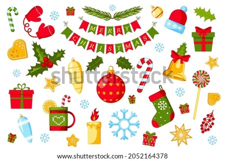 Set of Christmas, New Year elements for printing, postcards on white background. Christmas tree toys, bells, lollipops, gift, holly, garland, Merry Christmas, gingerbread. Vector illustration