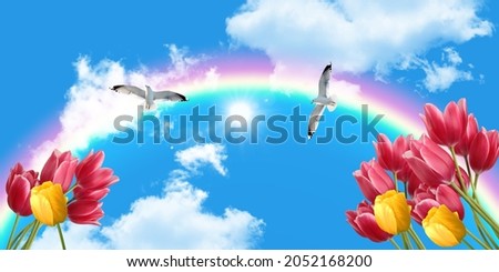 rainbow and seagulls flying in the sky. yellow red tulips. flower, bird and sky. 3d ceiling decoration picture