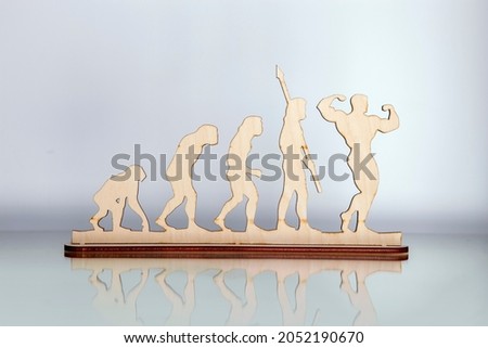 A wooden shape of hominid evolution to bodybuilder. Concept Royalty-Free Stock Photo #2052190670