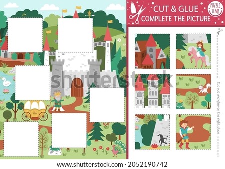 Vector fairytale cut and glue activity. Magic kingdom crafting game with cute castle scene with princess. Fun printable worksheet for children. Find the right piece of the puzzle. Complete the picture