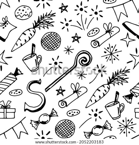 Simple hand-drawn vector seamless pattern in doodle style. Celebration of St. Nicholas Day, Sinterklaas. For prints of wrapping paper, gifts, textile products. Royalty-Free Stock Photo #2052203183