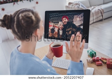 Profile side view portrait of attractive cheery girl calling friends web waving greetings festal day staying at home flat indoors Royalty-Free Stock Photo #2052207407