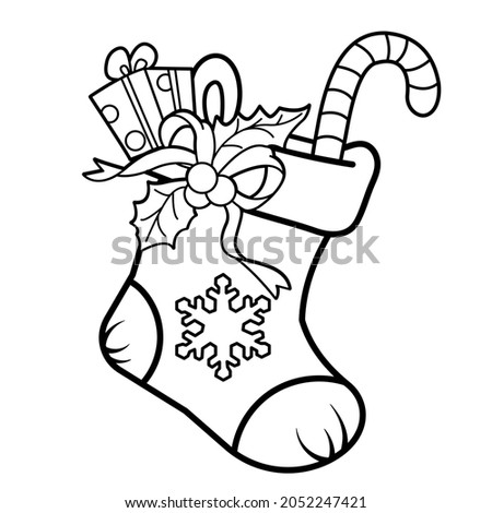 Coloring Page Outline Of cartoon christmas boot or sock with gifts and sweets. Christmas. New year. Coloring Book for kids Royalty-Free Stock Photo #2052247421