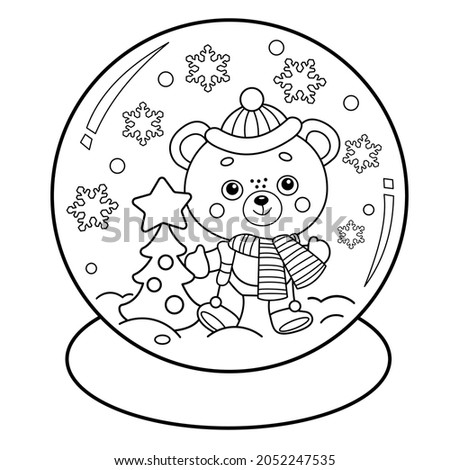 Coloring Page Outline Of Snow globe with little bear with Christmas tree. New year. Christmas. Coloring book for kids Royalty-Free Stock Photo #2052247535