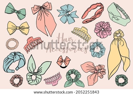 Hair accessories collection. Bundle of hand drawn, doodle scrunchies, hair ties, bows and hair clip icons. Royalty-Free Stock Photo #2052251843