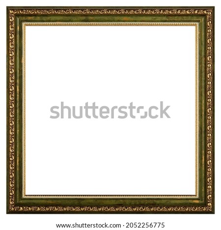 Golden Green Classic Old Vintage Wooden mockup canvas frame isolated on white background. Blank and diverse subject moulding baguette. Design element. use for framing paintings, mirrors or photo.