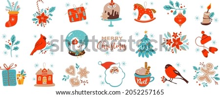 Christmas symbols vector illustration collection: Santa clause, Christmas sock, presents, horse toy, cardinal bird, cake, bullfinch, holly branch, snow globe, hot chocolate, gingerbread cookies