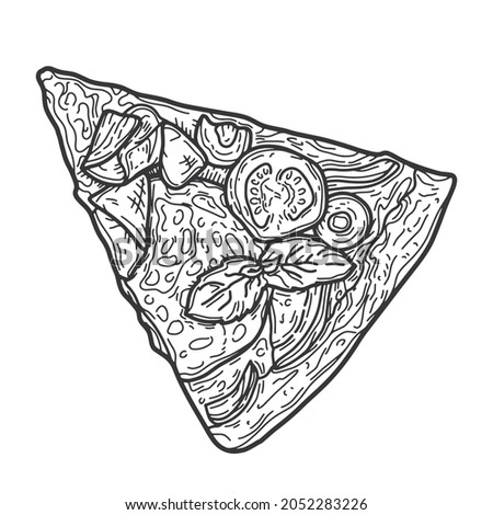 Pizza slice hand drawn vector illustration. Ink graphic line art. Outline sketch for markets, shops. Clip art Poster for print. Coloring page. Isolated on white background