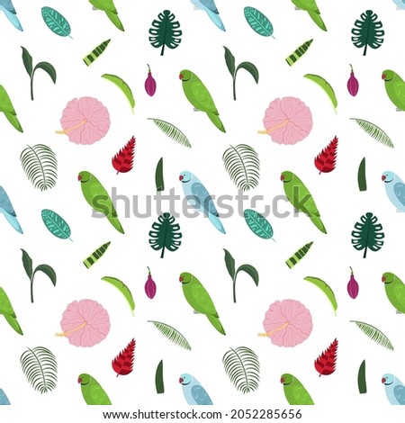 Seamless pattern with rose ringed parrots green and blue, tropical leaves and flowers. Cute baby print for fabric and textile.