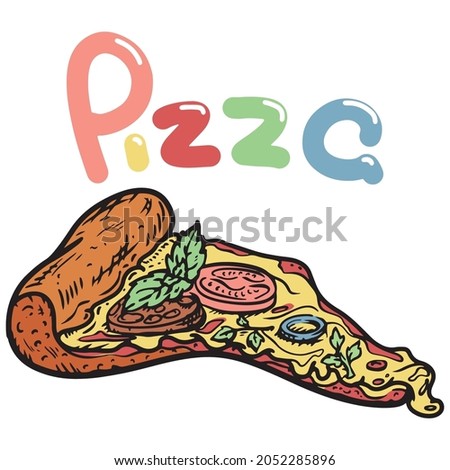Colorful pizza slice hand drawn vector illustration. Ink graphic art. Outline colored sketch for markets, shops. Clip art Poster for print. Bright colors. Isolated on white background