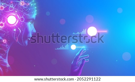 AI in image cybernetic anthropomorphic woman working with matrix data on virtual interface. head or face of artificial intelligence with mind looking at information and teaching neural networks. Royalty-Free Stock Photo #2052291122