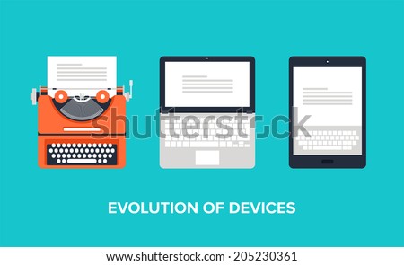 Flat vector illustration of evolution of devices from typewriter to laptop and tablet. Royalty-Free Stock Photo #205230361
