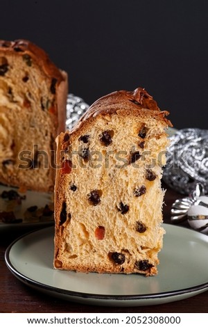 Panettone. Typical fruit cake served at Christmas. Copy space