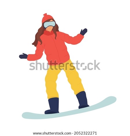Vector cartoon snowboarder jumping. Young woman or girl on snowboard. flat winter. Flat vector illustration in cartoon style. sport.
