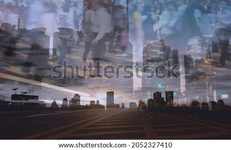 People commuting walking at rush hour.  Cityscape background. Futuristic urban city concept. 