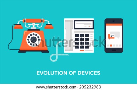 Flat vector illustration of evolution of communication devices from classic phone to modern mobile phone. Royalty-Free Stock Photo #205232983