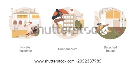 Single family home abstract concept vector illustration set. Private residence, condominium, detached house, land ownership, real estate market, stand-alone household, appartment abstract metaphor. Royalty-Free Stock Photo #2052337985