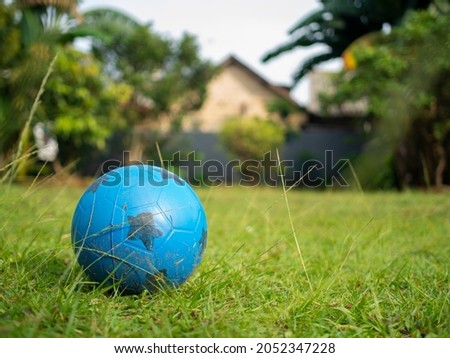 Close up blue plastic ball on green grass home yard, selective focus