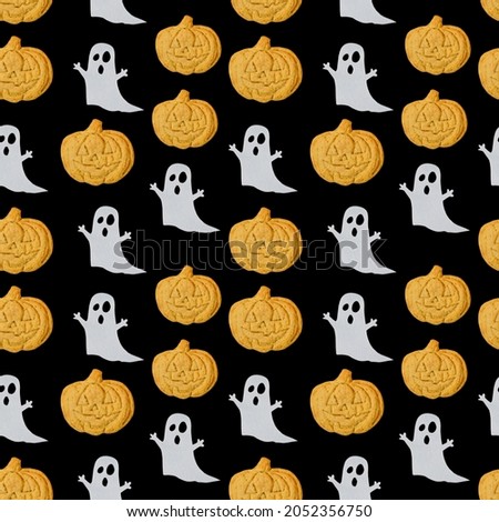 food pattern with ghosts and cookie shaped pumpkin
