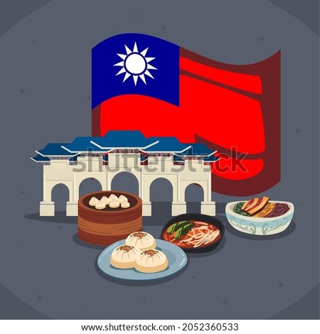 Taiwanese flag main gate and food on gray background